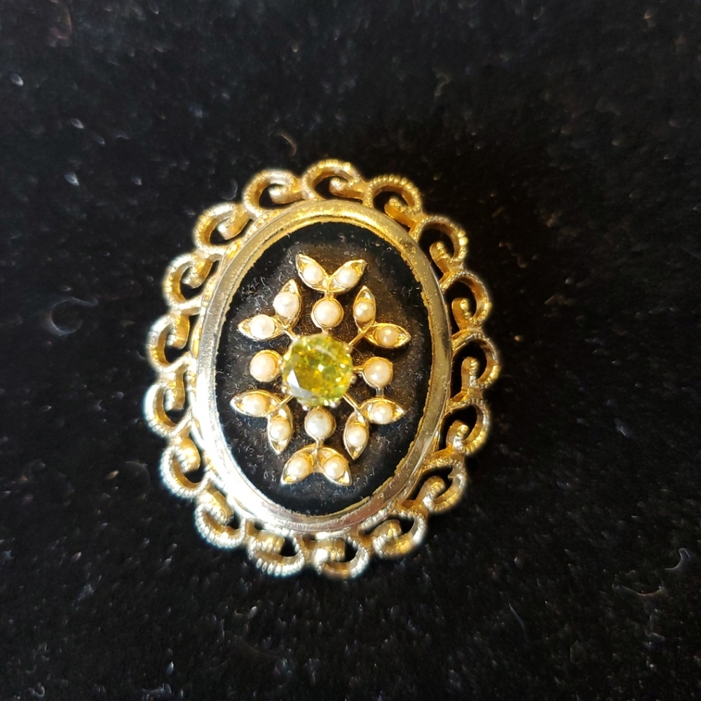 Vintage brooch, gold tone, filigree, enamel, pearls,  Yellow Crystal, Coro